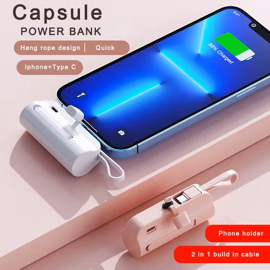 Best Promotion Gift Pill OEM 5000mAh Emergency Portable Rechargeable Compact Capsule Build in Cable 2 in 1 Mini Power Bank for iPhone Android Type C