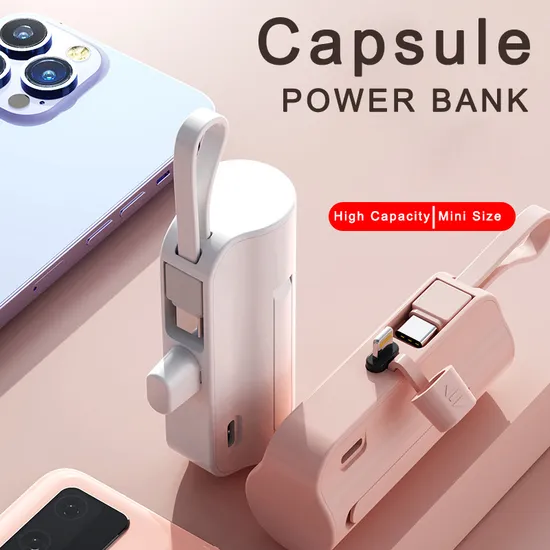 Best Promotion Gift Pill OEM 5000mAh Emergency Portable Rechargeable Compact Capsule Build in Cable 2 in 1 Mini Power Bank for iPhone Android Type C