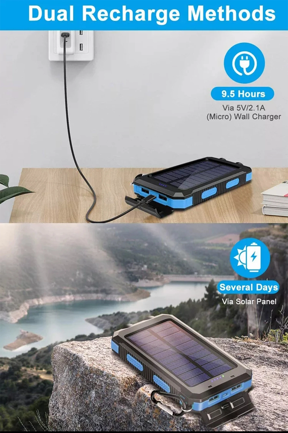 Factory Wholesale Portable Solar Power Banks 5000mAh 20000mAh Waterproof Dual LED Flashlights Solar Charger Power Bank