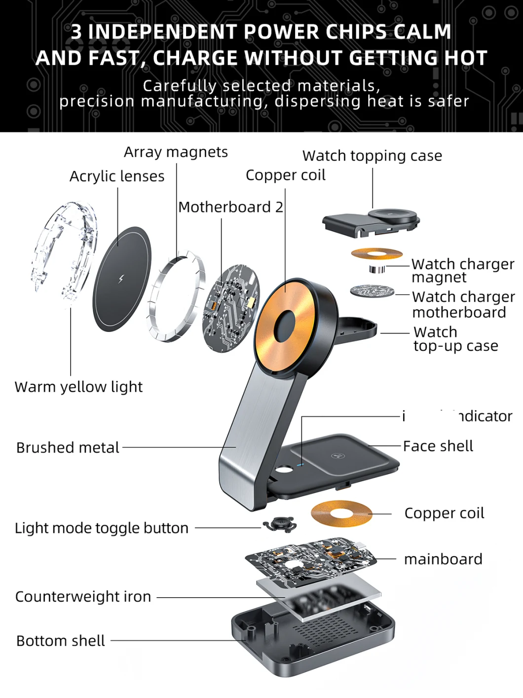 New 15W Aluminium Detachable Desktop 3 in 1 Magnetic Wireless Charger